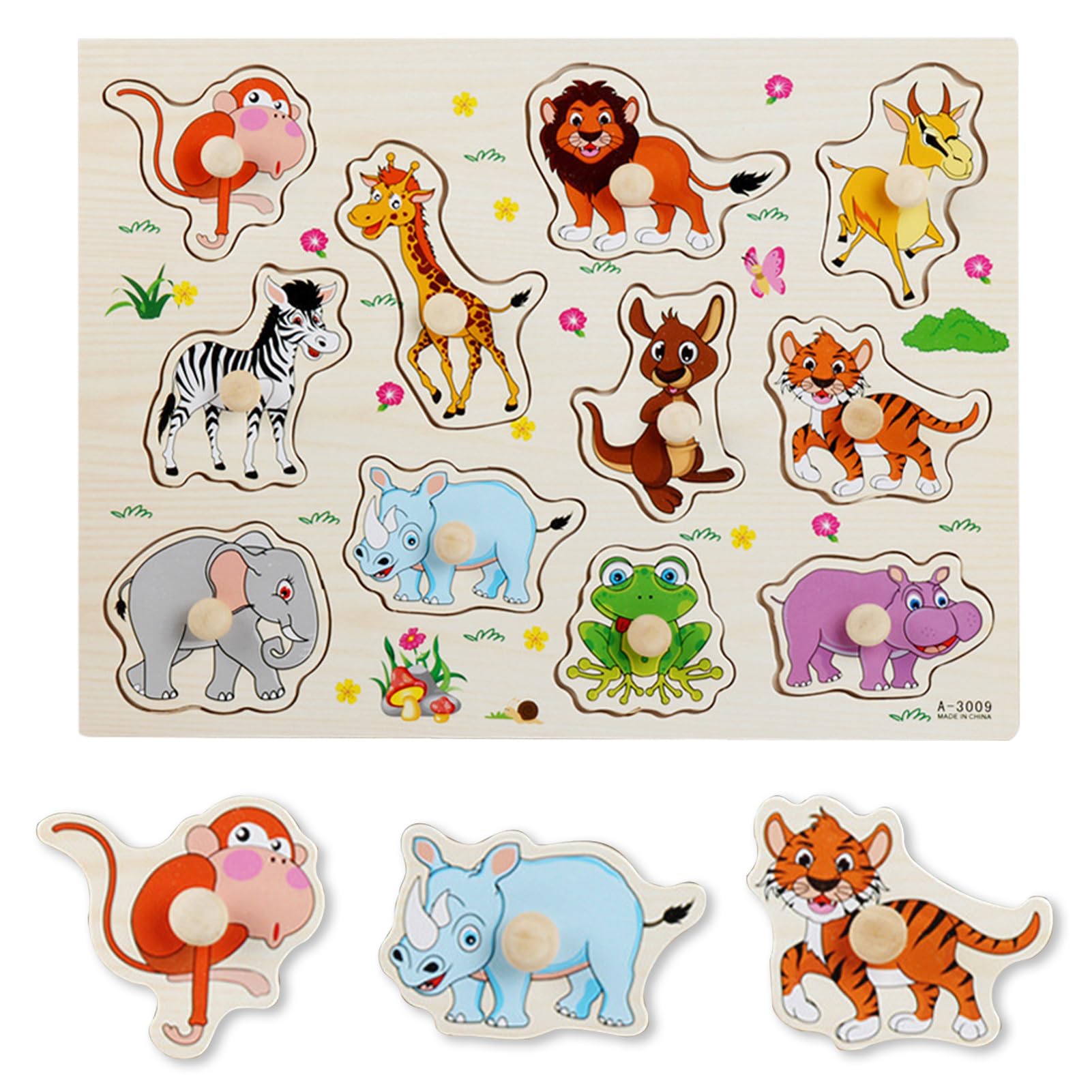 木製 知育玩具 動物と果物のイラスト付き 木製 知育パズル 動物」の